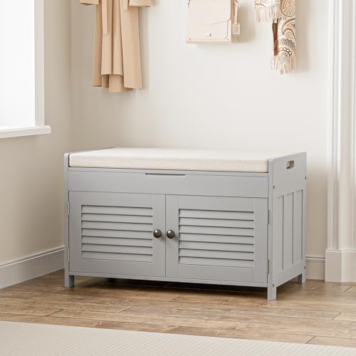 WARMHONIU Shoe Storage Bench with Lift Top Storage, Entryway Bench with Cushioned Seat, Adjustable Shelf, 2 Tier Shoe Rack with Doors for Entryway, Bedroom, Hallway, Mudroom, Grey - color: Grey, style: Lift Top Storage