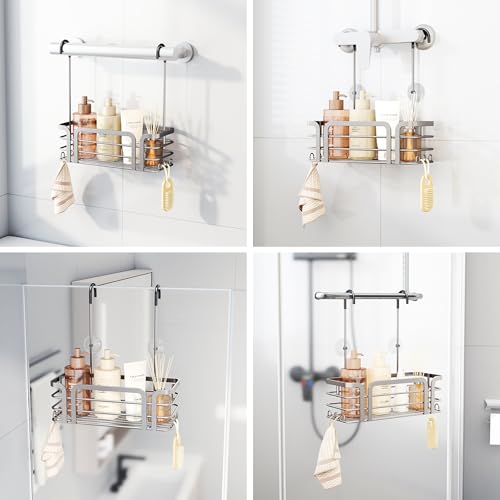 SWTYMIKI Shower Caddy Hanging Organizer - Over the Door Shower Caddy with 6 Hooks, 2 Installation Ways, Stainless Steel Rustproof Bathroom Organizer, Sand Nickel - color: Sand Nickel-1 tier