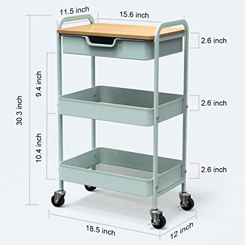 3 Tier Rolling Cart, Utility Cart with Drawer and Table Top, Metal Rolling Kitchen Storage Organizer Cart with Handle and Locking Wheels for Bathroom Office Balcony Living Room - color: Light Green