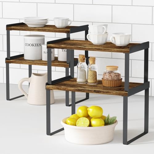Goozii Kitchen Cabinet Organizers and Storage Shelves, Rustic Farmhouse Desk Shelf Riser for Cabinets, Black Expandable Corner Glasses Medicine Cabinet Organizer under Bathroom Sink - Set of 4 - color: Black-Rustic, size: Medium