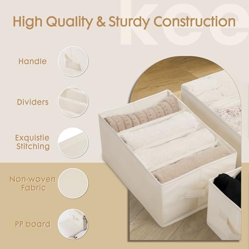 Criusia 6 Pack Large Clothes Organizer, Wardrobe Closet Organizer and Storage with Handles, Foldable Fabric Closet Organizers Dividers for Clothing, Pants, Jeans, Sweater, T-shirts, Beige - color: Beige