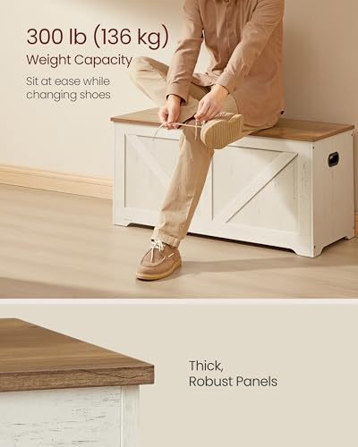 VASAGLE Storage Chest, Storage Bench with 2 Safety Hinges, Farmhouse Style, 15.7 x 39.4 x 18.1 Inches, for Entryway, Bedroom, Living Room, Honey Brown and Rustic White ULSB060WJ01S - color: Honey Brown + Rustic White, size: 39.4"W x 18.1"H, style: Farmhou