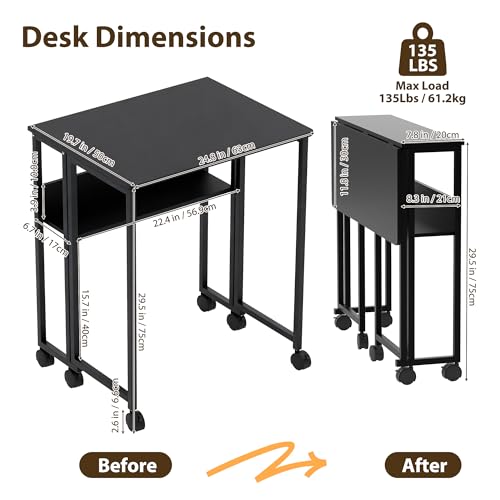 Folding Desk Small Rolling Desk with Storage Shelf,24.8 Inch Foldable Computer Table with Wheels,Portable Office Desk for Small Space Sofa Table,Easy to Fold,Writing Work Office Computer Desk,Black - color: 24.8" Black