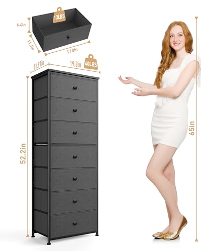Mifuro Tall Fabric Dresser for Bedroom, Vertical Storage Organizer Tower with 7 Drawers, Chest of Drawers with Bins, Steel Frame, Wood Top for Bedroom, Closet, Entryway Grey - color: Grey, size: 7 Large Drawers