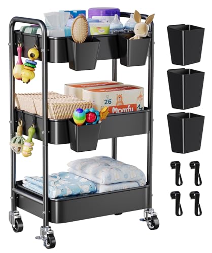 Baby Diaper Caddy Organizer and Storage, 3 Tier Rolling Cart with Wheels for Newborn Nursery Essentials, Baby Organizers for Changing Table, Crib, Bedroom, Movable Bedside Organizatio (Black) - color: Black1, size: 3-Tier + Cups + Hooks