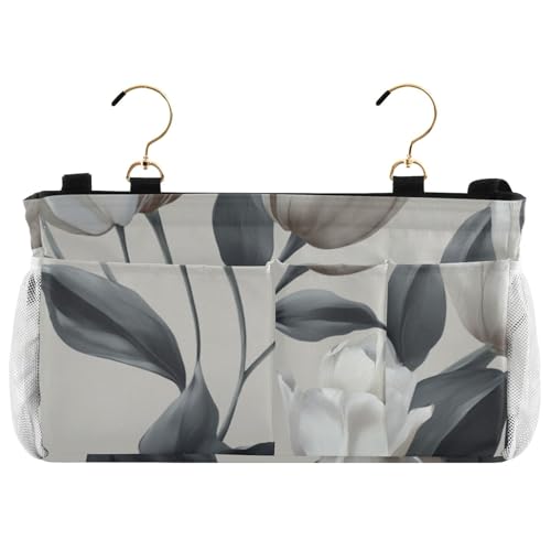 Bedside Caddy Metal Frame Hanging Organizer Bunk Bed Dorm Accessories Hook And Loop Storage Bag Large Pockets Light Grey Tulip Flowers - color: Light Grey Tulip Flowers