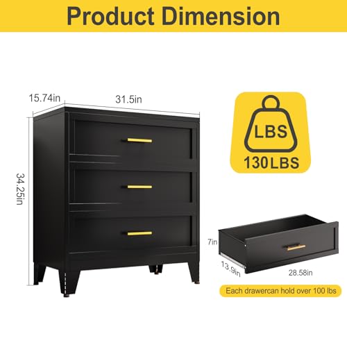 34.25" Tall Metal Dresser for Bedroom, 3 Drawer Black File Cabinet with Gold Handles, Dressers Chests with Fluted Panel, Vertical Drawer Storage Cabinet for Living Room, Entryway, Hallway - color: Black, style: Wide Style/3 Drawers