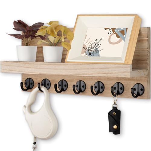 Lwenki Key Holder Wall Mount, Entryway Key and Mail Holder with 7 Sturdy Hooks for Sunglasses, Dog Leash, Decorative Wall Shelf with Mounting Hardware, 15”W x 6.7”H x 4.2”D (Wood) - color: Wood