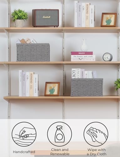 StorageWorks Round Paper Rope Storage Baskets, Rectangular Wicker Baskets with Built-in Handles, Gray, 2-Pack - color: Gray (Paper Rope), size: 2x 13¼"L x 8¼"W x 7"H