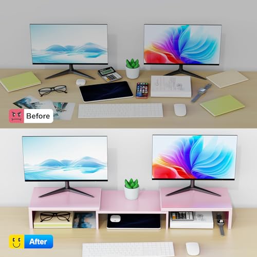 Dual Monitor Stand for Desk, Metal Monitor Riser, Pink office Supplies and Accessories (Pink) - color: Pink