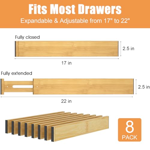 Bamboo Drawer Dividers,17-22" Adjustable Kitchen Drawer Organizer for Clothes,8 Pack Expandable Drawer Organization Separators for Bedroom,Bathroom,Dresser and Office,Natural - color: Bamboo-8Pack, size: 17-22 IN