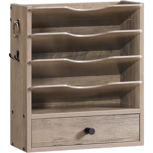 HOOBRO Wall File Organizer, Mail Organizer Wall Mounted, Wooden Mail Sorter, Construction Paper Holder with Drawer Storage and 2 Hooks, for Office, Classroom, Home, Greige BG14WF01 - color: Greige