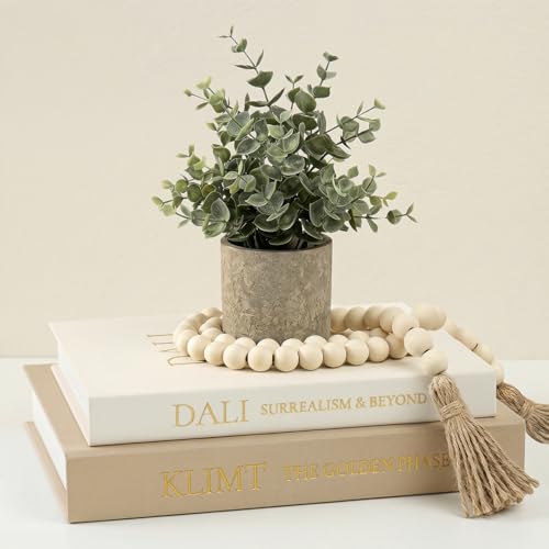 Decorative Fake Books Storage Set - 3-Piece Linen Coffee Table Decor (2 Faux Books + 1 Wood Bead Garland), Neutral Boho Japandi Room Styling Props for Bookshelf & Entryway (Khaki/Off-White) - color: Khaki-White(with bead garland)