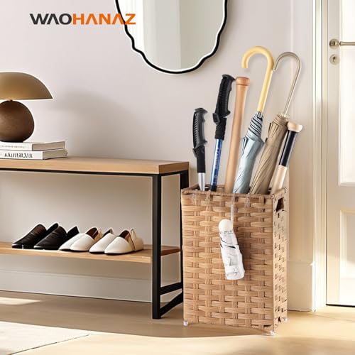 Rattan Umbrella Stand, Umbrella Holder for Entryway, Hand Woven Umbrella Rack Organizer Freestanding, with a Detachable Drip Tray, 4 Hooks, 11.8" L x 5.5" W x 16.5" H, Natural - color: Natural, size: M(11.8" L x 5.5" W)