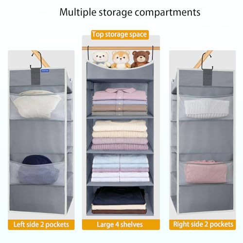 4-Shelf Hanging Closet Organizer and Storage with 4 Side Pockets, Collapsible Closet Hanging Shelves for Storage, Grey - size: 4-shelf
