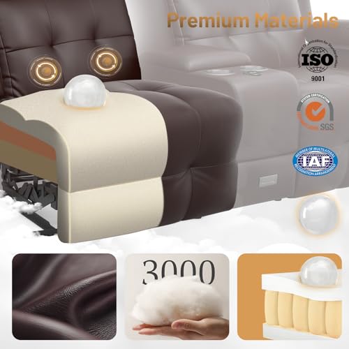 Loveseat Recliner Sofa, 4-Seater Home Theater Seating Massage Reclining Couch with USB, Center Console, Wall Hugger RV Recliners, 145° Recline & Cup Holders & Side Pockets,for RV & Movie Room - color: Brown, size: 4-Seater 112''