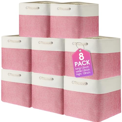 meekoo 8 Pack Collapsible Storage Bins Fabric Storage Bins Polyester Fabric Baskets with Handles Linen Closet Organizer for Shelf Home Closet Towels Toys(12 x 12 x 12 in,Pink White) - color: Pink White, size: 12 x 12 x 12 In