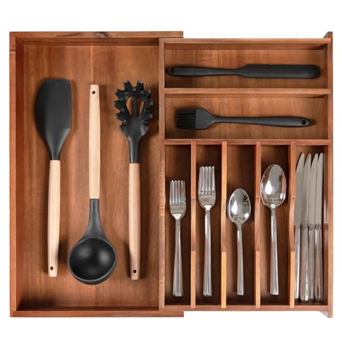 KitchenEdge Premium Silverware, Flatware and Utensil Organizer for Kitchen Drawers, Food-Safe Contract Grade, Expandable from 10.5 to 19 In, Natural Acacia - color: Natural Acacia, size: From 10.5" to 19" wide