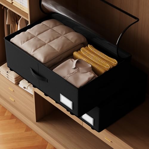 Under Bed Storage with Wheels,Under Bed Shoe Storage Organizers,Underbed Storage Bins,Rolling Under the Bed Storage Containers for Shoes Clothes in Dorm Bedroom,2 Pack（Black）