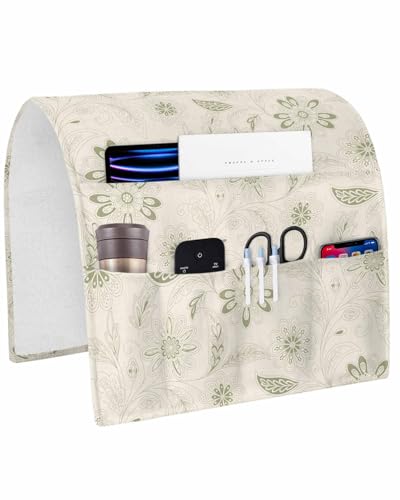 Sofa Armrest Organizer Bedside Caddy, Vintage Green Floral Non Slip Couch Remote Control Holder for Recliner, Rustic Abstract Flower Burlap Arm Chair Caddy with Pocket for Magazine Phone, 19.7"x35" - color: Sage Green, size: 19.7x35 in