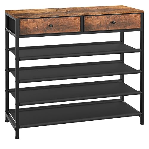 usikey Shoe Rack, 5 Tier Shoe Storage Organizer with 2 Drawers, Metal Shoe Shelf for 16-20 Pairs of Shoes, with 4 Oxford Fabric Shelves and Wooden Top, Shoe Stand for Closet, Rustic Brown UNYXJX009F - color: 5 Tier ( 36.2 X 11 X 36.2 Inches)-rustic Brown