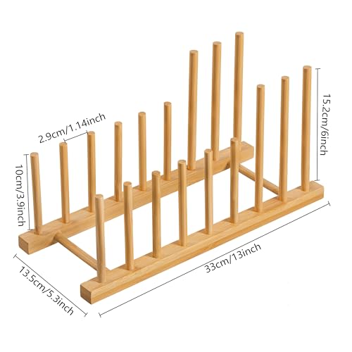 HBlife Heighten and Widen Bamboo Dish Drying Rack Plate Bowl Cup Book Pot Lid Cutting Board Stand Drainer Storage Holder Organizer for Kitchen Cabinet - color: Rod 4inch High 6slots With 6inch High 2slots 1pcs