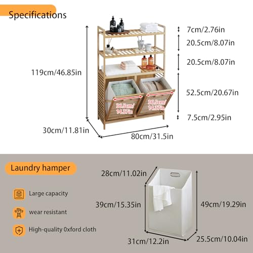 Baveke Double Tilt Out Laundry Hamper, Bamboo Hamper with 2 Removable Bags, Pull Out Laundry Hamper Cabinet, Bathroom Storage Shelf for Laundry Room, Living Room, 3-Tier(FSC-Certified Bamboo) - color: Natural, size: YSJ02-3T