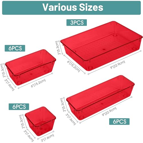 WOWBOX 25 PCS Plastic Drawer Organizer Set, 4 Sizes Desk Drawer Divider Organizers and Storage Bins for Makeup, Jewelry, Gadgets for Kitchen, Bedroom, Bathroom, Office, Clear Red - color: Red