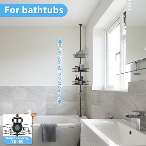 BsBsBest Shower Organizer Caddy - Stainless Steel Shower Shelves Rack, Adjustable Organization And Storage Head Holder, Rustproof Tension Pole, Black