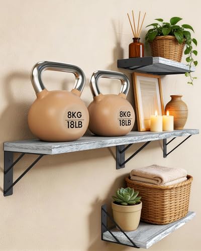 BAYKA Wall Shelves for Bedroom Decor, Floating Shelves for Living Room Kitchen Storage, Wall Mounted Rustic Wood Floating Shelves for Kids Books, Corner Shelf for Bathroom(Gray White，Set of 4) - color: E. Gray White Board & Black Brackets, size: 16-inch M