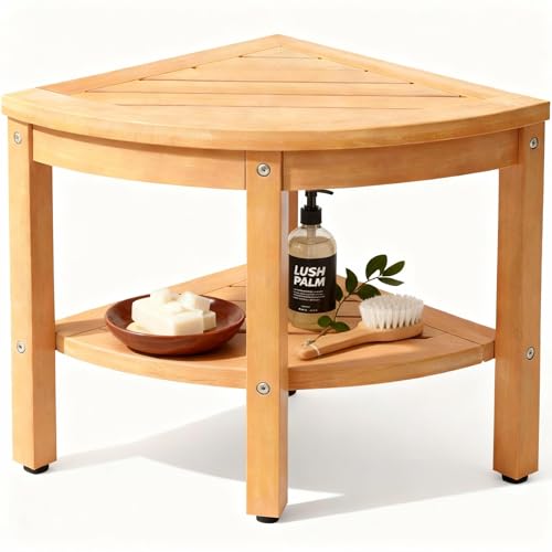 Shower Stool for Inside Shower, Corner Shower Stool, Shower Bench Seat with Storage Shelf for Bathroom, Living Room, Bedroom - color: Wood