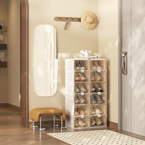 ANTBOX Shoe Organizer Storage Box, Portable Folding Shoe Rack For Closet With Magnetic Clear Door,Large Sneaker Cabinet Bins Sturdy Easy Assembly 6 Layers-12 Grids - size: 6 Layers-12 Grids