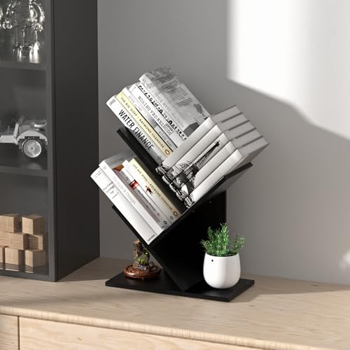 R RUISHENG 3 Tier Small Tree Bookshelf Storage Organizer Shelves Floor Standing Bookcase Desk Wood Storage Rack for Home Office Living Room Bedroom Display for Book Magazine CD Manga Black - color: Black