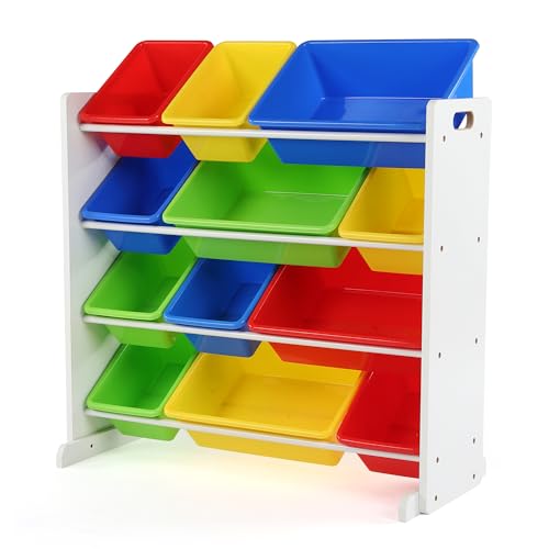 Humble Crew Toy Storage Organizer with 12 Removable Storage Bins for Kids Playroom, 4-Tier Toddler Toy Organization, White/Primary - color: White/Primary