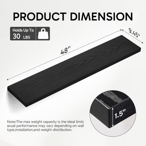 BAYKA Floating Shelves, 48 inches Long Heavy Duty Wall Mounted Rustic Wood Shelves for Bathroom, Bedroom, Living Room, Kitchen, Office, Hanging Shelf for Books/Storage/Decor(Black,Set of 2) - color: A. Black - Universal Classic Style, size: 48inches