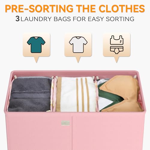 WOWLIVE Laundry Hamper with Lid,160L Large Laundry Basket 3 Section with Removable Washing Bags,Collapsible Waterproof Dirty Clothes Hamper for Laundry Room Bathroom Dorm,Pink - color: Pink, size: 160L (24.8x 14 x 27.5 Inches)