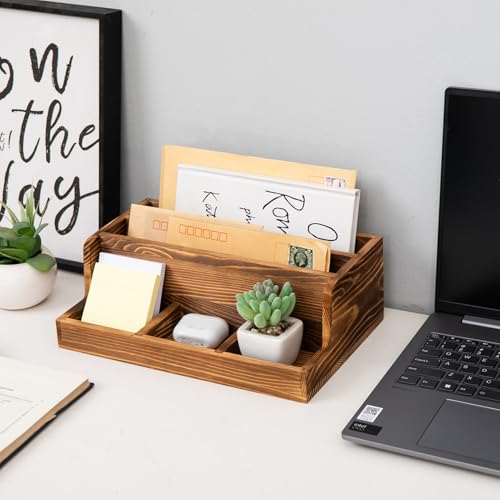 Rustic Brown Wood Mail Organizer Stationery Sorter Letter Holder Office Supply Storage Caddy 2 Slots 3 Trays Desktop Envelope Document Notepad Countertop Daily Accessories Table Home Entryway