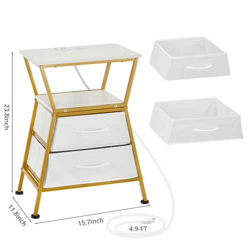 Nightstand with Charging Station, Side Tables for Bedroom with Built-in USB Side Table with 2 USB Ports and Outlets Nightstand with Cloth Drawer End Tables Living Room Sofa Couch - color: White Gold With Socket