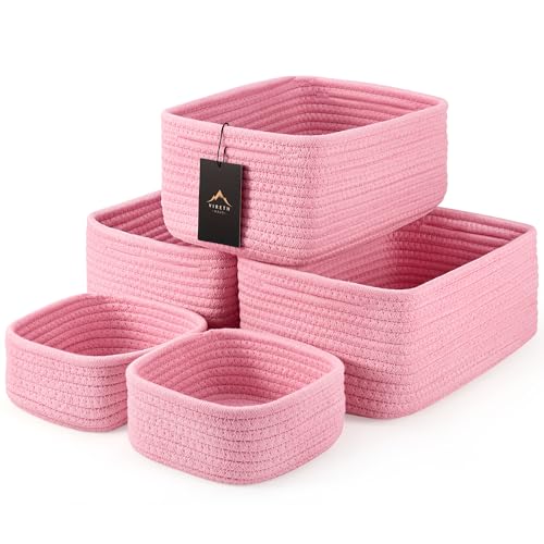 5-Pack Small Woven Rope Storage Baskets – 2 Sizes Organizer Bins for Closet, Shelf, Bookshelf, Nursery, Changing Table, Fabric Cube Boxes, Rectangular Shallow Bins for Bathroom, Toy & Home - color: Pink