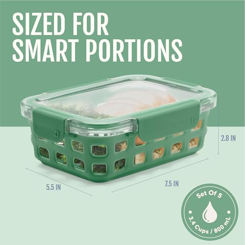 Ello Duraglass 3.4 Cup Meal Prep Sets 10Pc, 5 Pack Set- Glass Food Storage Container with Silicone Sleeve and Airtight BPA-Free Plastic Lids, Dishwasher, Microwave, and Freezer Safe, Olive Tree - color: Olive Tree, size: 3.4 Cup