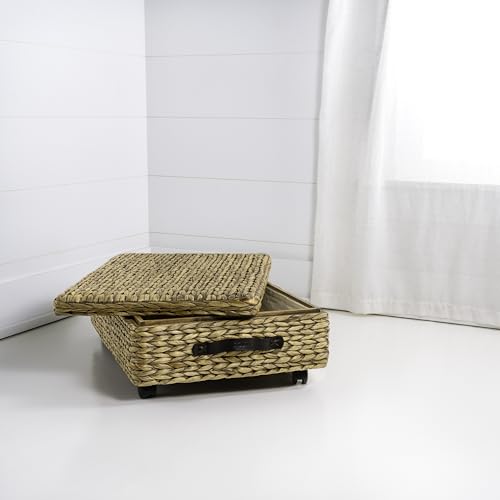 happimess BSK1006A 26.38" Chett Minimalist Hand-Woven Hyacinth/Wood Underbed Storage Bin with Wheels and Handles for Storage and Decoration in Bathroom, Bedroom, Closet, Entryway, Guest Room, Natural - color: Natural