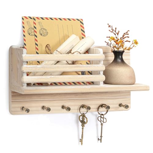 Rebee Vision Farmhouse Pine Wood Key Holder Wall Mount - Key Holder for Wall with Wooden Shelf & 6 Hooks - Mail Holder for Rustic Decor to Home, Bedroom, or Apartment (Natural Wood) - color: Natural Wood