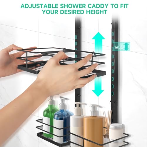 Shower Caddy Hanging for Handheld Showerheads Adjustable Height Extra Long Bathroom Storage Organizer Hanger Rack Rustproof Hose Shower Organizer 4 Levels Height Shower Rack（black - color: black, size: 4 grids