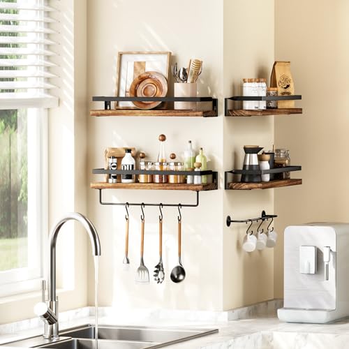 AMADA HOMEFURNISHING Bathroom Shelves with Towel Bar, Floating Shelves, Wall Shelves for Bathroom/Living Room/Kitchen/Bedroom, Rustic Brown, Set of 2 - AMFS01BN - color: Rustic Brown
