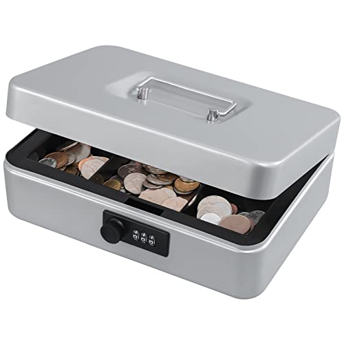KYODOLED Cash Box with Combination Lock,Safe Metal Box for Money,Storage Lock Box with Money Tray,7.87"x 6.30"x 3.54" Lightgrey Medium - color: Lightgrey, size: Medium
