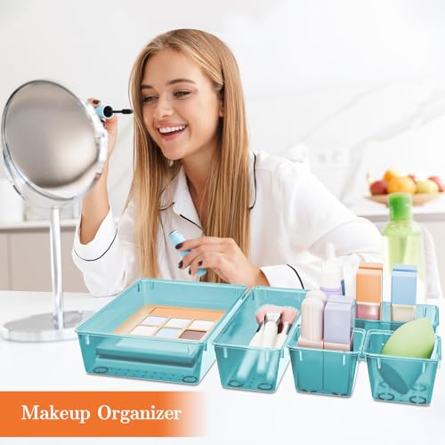 SpaceHacks 25 PCS Plastic Drawer Organizer Set, 4-Size Versatile Organizer Trays & Storage Bins for Makeup, Jewelry, and Gadgets in Bathroom, Bedroom and Office, Sea Blue - color: Sea Blue