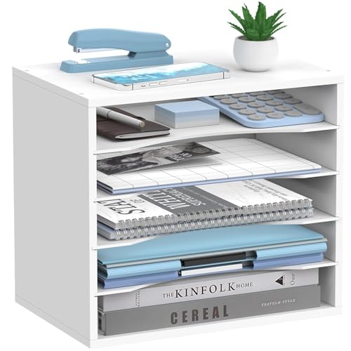 5-Tier Wood Desk Organizer, Paper Tray Organizer for Desk with Adjustable Storage Shelves, Desktop File Organization Paper Sorter Mail Holder for Office Home Classroom, White - color: White, size: 5 Tier