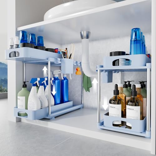 VERIFOST Under Sink Organizer (2 Pack), 2 Tier Under Sink Organizer, Adjustable Height Cabinet Organizer and Storage, in Blue - color: Blue