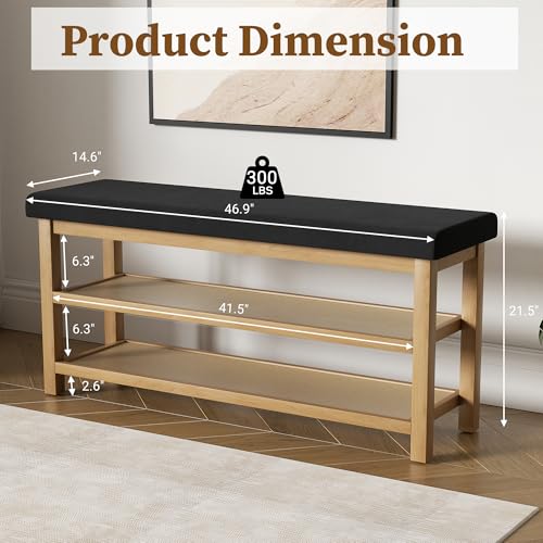 2 Tier Shoe Rack Bench with Cushion, Rubberwood Shoe Benches, Mid-Century Modern Shoe Storage Bench for Entryway, Hallway, Living Room, Closet, Front Door Entrance, Black - color: Black