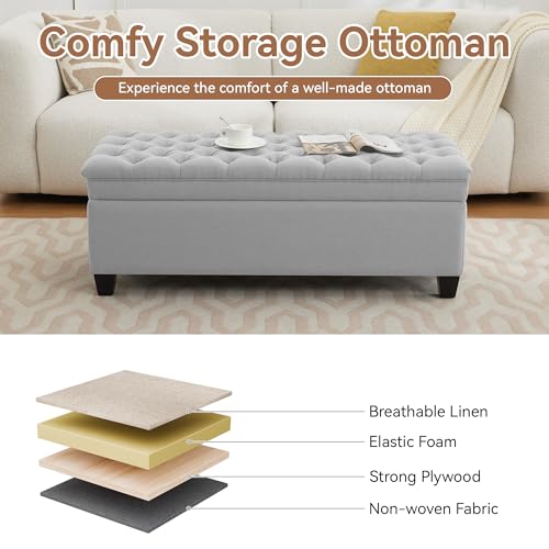 WUTUTUEE 51" Fabric Storage Ottoman Bench, Upholstered Rectangle End of Bed Storage Ottoman Tufted Living Room Bedroom Bench with Safety Hinge, Solid Wood Legs, Loads 500 lb(Light Grey) - color: Light Grey-fabric